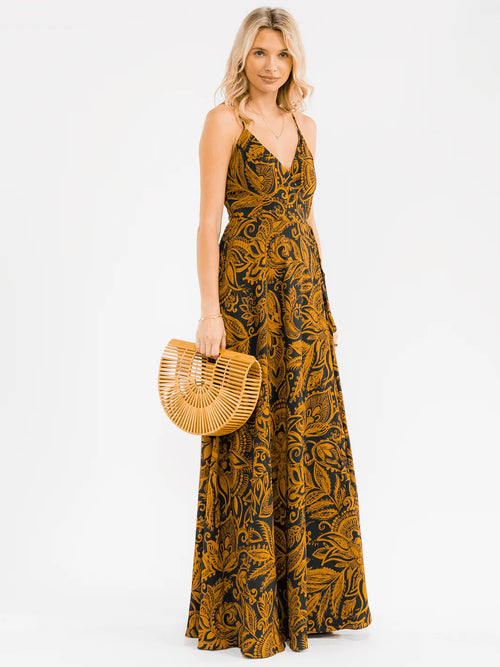 Boho Floral Maxi Dress Mustard & Black | Adjustable Straps