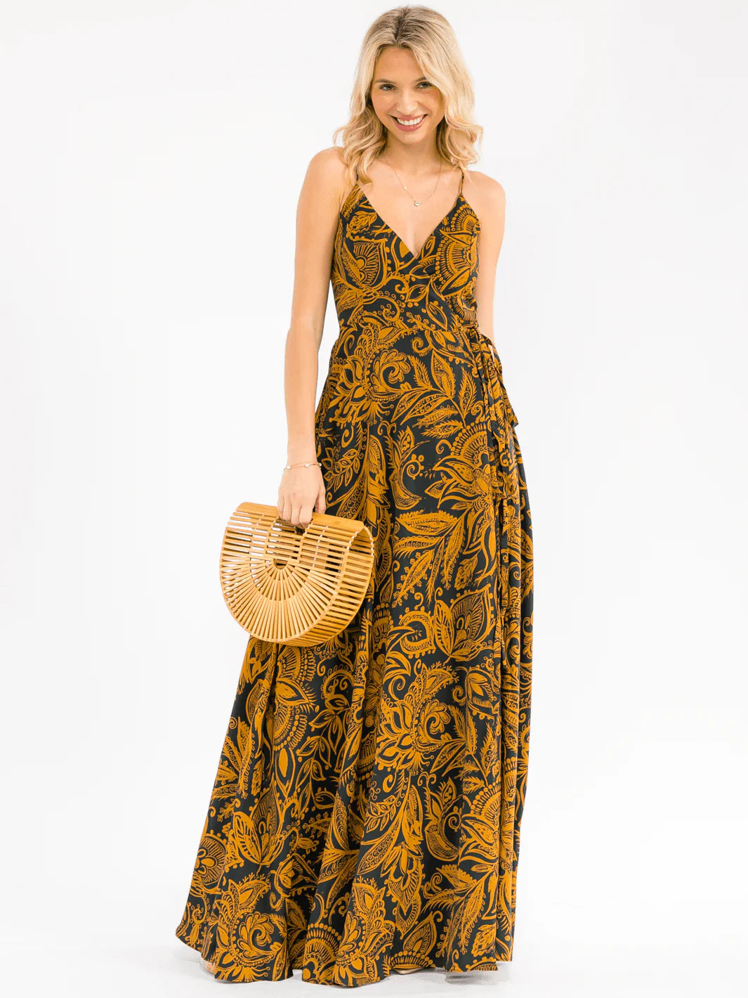 Boho Floral Maxi Dress Mustard & Black | Adjustable Straps