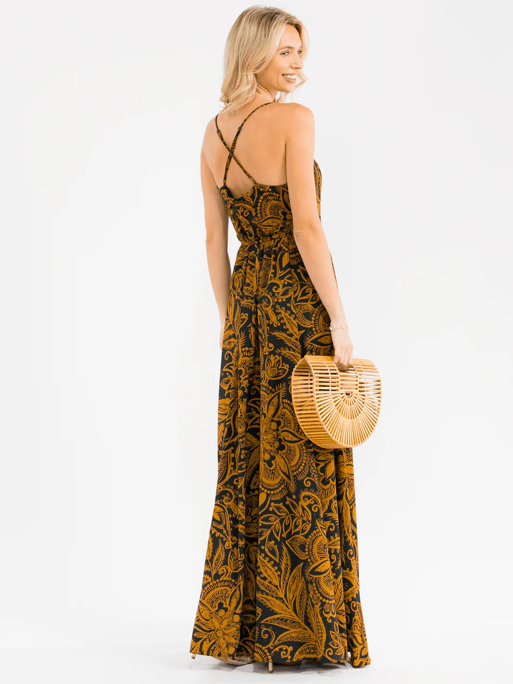 Boho Floral Maxi Dress Mustard & Black | Adjustable Straps