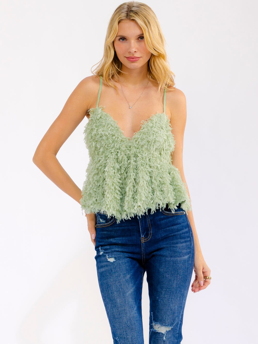 Sage Green Fringe Tank | Textured Boho Cami