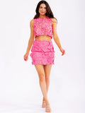 Hot Pink Crochet Floral 2-Piece Set | Crop Top & Mini Skirt