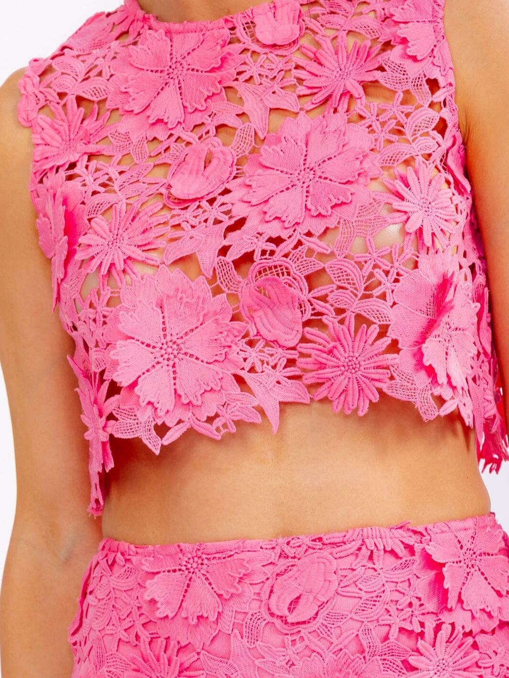 Hot Pink Crochet Floral 2-Piece Set | Crop Top & Mini Skirt