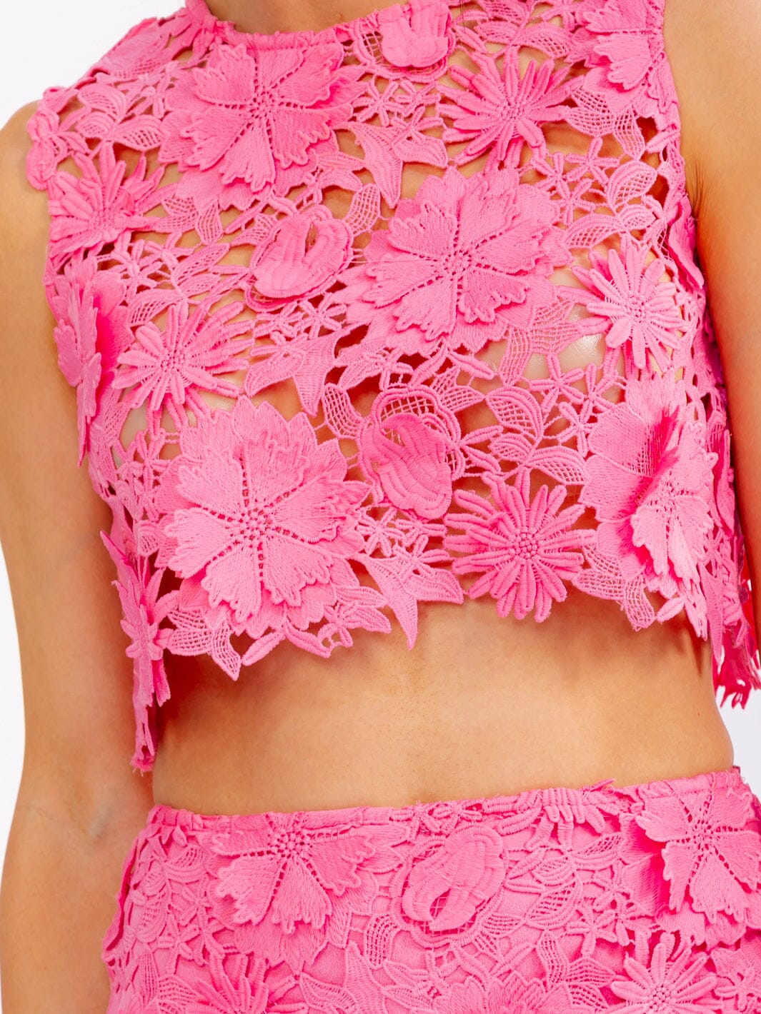 Hot Pink Crochet Floral 2-Piece Set | Crop Top & Mini Skirt