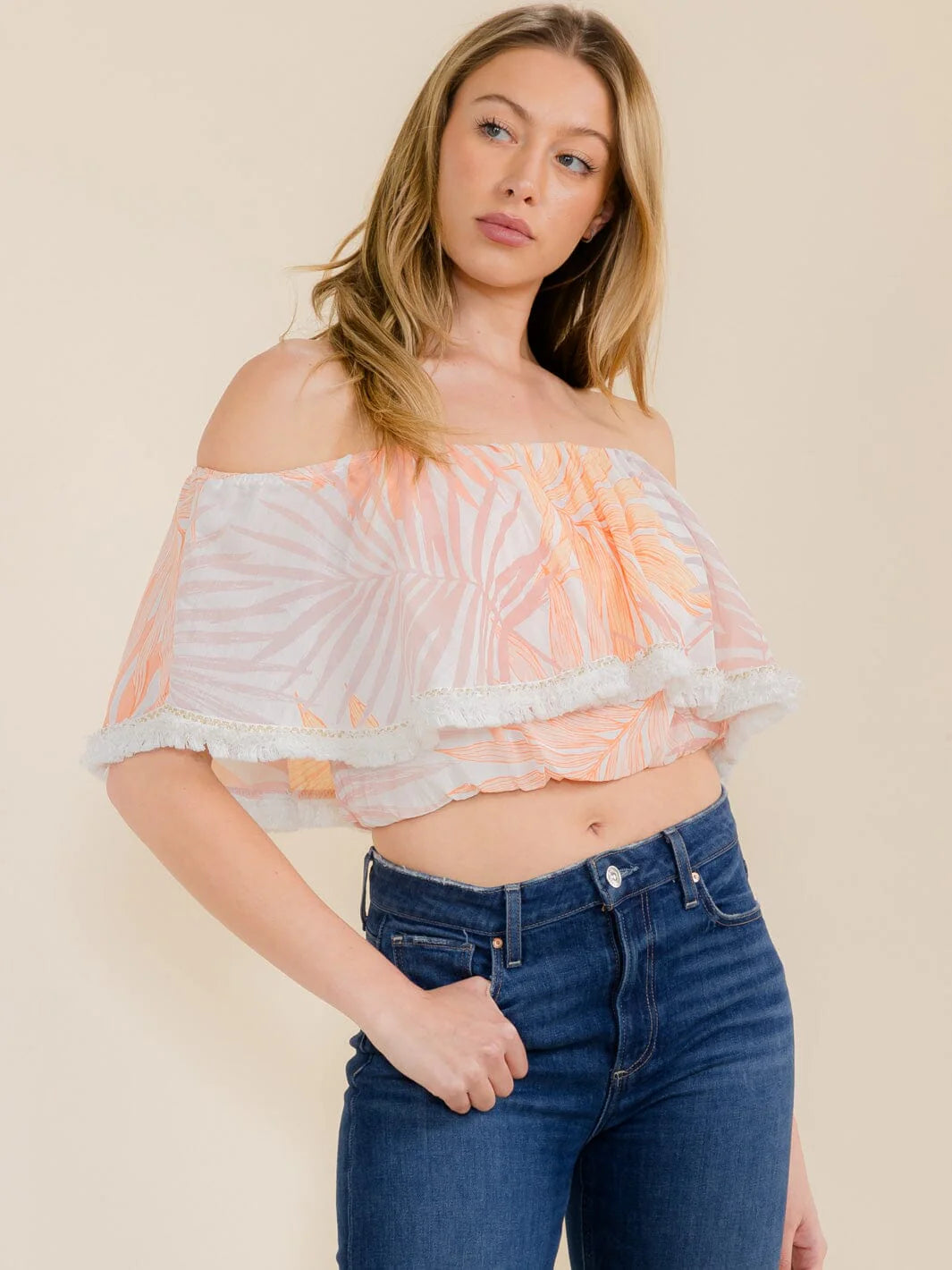 Off-Shoulder Peach & Pink Tropical Print Crop Top