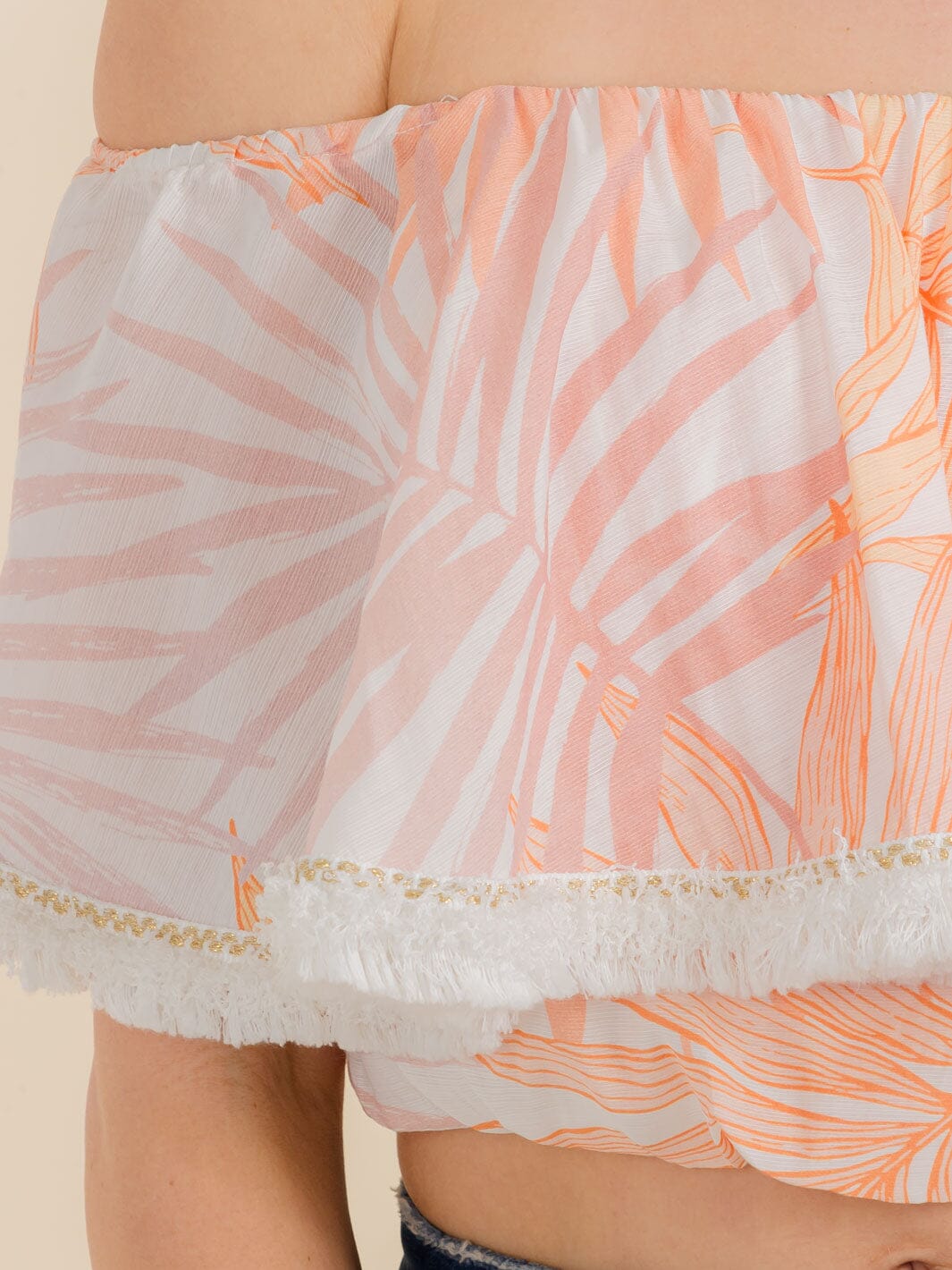 Off-Shoulder Peach & Pink Tropical Print Crop Top